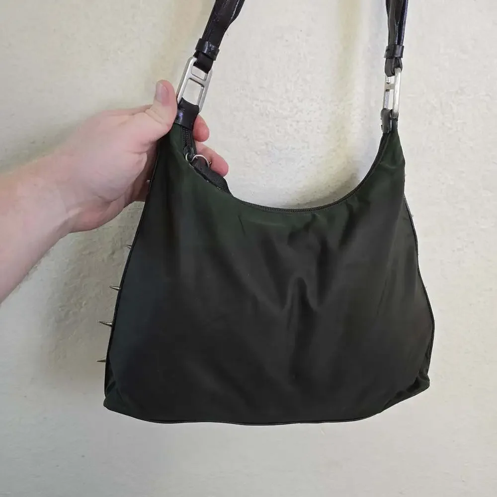 Prada Tessuto Custom Nylon Dark Green Shoulder Bag with Studs
